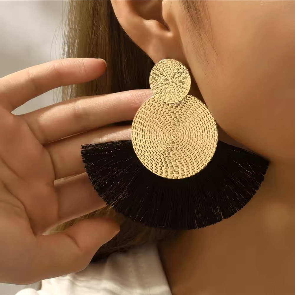 Black Tassel Statement Earrings 
Gold Circle Drop | Bold & Chic